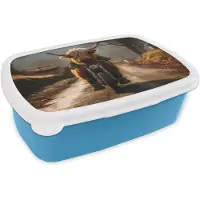 MuchoWow Broodtrommel Blauw - Lunchbox Schotse hooglander - Sjaal - Bergen - Brooddoos 18x12x6 cm - Brood lunch box - Broodtrommels voor kinderen en volwassenen