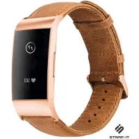 Strap-it Leren bandje - geschikt voor Fitbit Charge 3 / Fitbit Charge 4 - bruin met rosé gesp