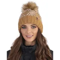 Vivisence Dames Wintermuts - Zachte Fleecevoering En Modieuze Gebreide Steek Met Kunstbont Pompon - Zit Comfortabel Blijft Goed Op Het Hoofd En Beschermt Tegen Koude Dagen Zonder Statisch Haar - Beige