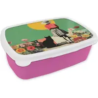 MuchoWow Broodtrommel Roze - Lunchbox Retro - Meisje - Kat - Zon - Brooddoos 18x12x6 cm - Brood lunch box - Broodtrommels voor kinderen en volwassenen