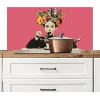 KitchenYeah Spatscherm keuken 100x50 cm - Kookplaat achterwand Meisje - Kopje - Bloemen - Roze - Muurbeschermer - Spatwand fornuis - Hoogwaardig aluminium