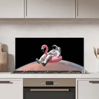 KitchenYeah Spatscherm keuken 80x40 cm - Kookplaat achterwand Astronaut - Flamingo - Zwemband - Roze - Muurbeschermer - Spatwand fornuis - Hoogwaardig aluminium