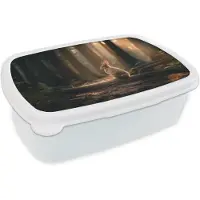 MuchoWow Broodtrommel Wit - Lunchbox Konijn - Bos - Zonnestralen - Brooddoos 18x12x6 cm - Brood lunch box - Broodtrommels voor kinderen en volwassenen