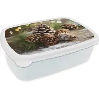 MuchoWow Broodtrommel Wit - Lunchbox Dennenappels - Kerstsfeer - Bruin - Groen - Brooddoos 18x12x6 cm - Brood lunch box - Broodtrommels voor kinderen en volwassenen