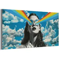 MuchoWow Aluminium schilderij 40x20 cm - Wanddecoratie metaal - Vrouw - Bril - Regenboog - Wolken - Metalen muurdecoratie woonkamer - Decoratie industrieel - Foto op dibond - Industriële accessoires slaapkamer