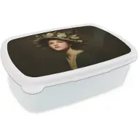 MuchoWow Broodtrommel Wit - Lunchbox Bloemenhoed - Portret - Vrouw - Brooddoos 18x12x6 cm - Brood lunch box - Broodtrommels voor kinderen en volwassenen
