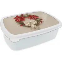 MuchoWow Broodtrommel Wit - Lunchbox Deurkrans - Strik - Kerst - Rood - Groen - Brooddoos 18x12x6 cm - Brood lunch box - Broodtrommels voor kinderen en volwassenen