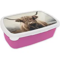 MuchoWow Broodtrommel Roze - Lunchbox Schotse hooglander - Hoorns - Landschap - Brooddoos 18x12x6 cm - Brood lunch box - Broodtrommels voor kinderen en volwassenen