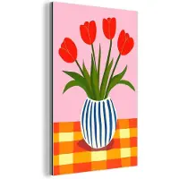 MuchoWow Aluminium schilderij 100x150 cm - Wanddecoratie metaal - Tulpen - Roze - Vaas - Metalen muurdecoratie woonkamer - Decoratie industrieel - Foto op dibond - Industriële accessoires slaapkamer