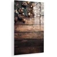 MuchoWow Glasschilderij 120x180 cm - Schilderij acrylglas - Kerstdecoratie - Houten - Dennenappel - Bruin - Foto op glas - Muurdecoratie woonkamer - Wanddecoratie slaapkamer - Schilderijen