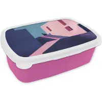 MuchoWow Broodtrommel Roze - Lunchbox Kat - Trap - Gebouwen - Schaduwcontrasten - Brooddoos 18x12x6 cm - Brood lunch box - Broodtrommels voor kinderen en volwassenen