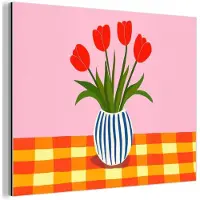 MuchoWow Aluminium schilderij 160x120 cm - Wanddecoratie metaal - Tulpen - Roze - Vaas - Metalen muurdecoratie woonkamer - Decoratie industrieel - Foto op dibond - Industriële accessoires slaapkamer
