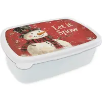 MuchoWow Broodtrommel Wit - Lunchbox Sneeuwpret - Winter - Sneeuwpop - Brooddoos 18x12x6 cm - Brood lunch box - Broodtrommels voor kinderen en volwassenen