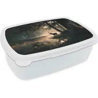 MuchoWow Broodtrommel Wit - Lunchbox Hert - Bosbeek - Mystiek - Brooddoos 18x12x6 cm - Brood lunch box - Broodtrommels voor kinderen en volwassenen