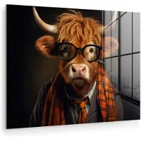 MuchoWow Glasschilderij 160x120 cm - Schilderij acrylglas - Schotse hooglander - Bril - Sjaal - Dier - Foto op glas - Muurdecoratie woonkamer - Wanddecoratie slaapkamer - Schilderijen