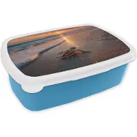 MuchoWow Broodtrommel Blauw - Lunchbox Schildpad - strand - Zonsondergang - Brooddoos 18x12x6 cm - Brood lunch box - Broodtrommels voor kinderen en volwassenen