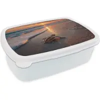 MuchoWow Broodtrommel Wit - Lunchbox Schildpad - strand - Zonsondergang - Brooddoos 18x12x6 cm - Brood lunch box - Broodtrommels voor kinderen en volwassenen