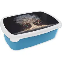 MuchoWow Broodtrommel Blauw - Lunchbox Sneeuwboom - Lichtjes - Wit - Kleurrijk - Brooddoos 18x12x6 cm - Brood lunch box - Broodtrommels voor kinderen en volwassenen