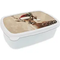 MuchoWow Broodtrommel Wit - Lunchbox Kerst - Hert - Gewei - Rood - Brooddoos 18x12x6 cm - Brood lunch box - Broodtrommels voor kinderen en volwassenen