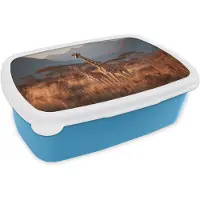 MuchoWow Broodtrommel Blauw - Lunchbox Giraffen - Hoog gras - Acaciabomen - Brooddoos 18x12x6 cm - Brood lunch box - Broodtrommels voor kinderen en volwassenen
