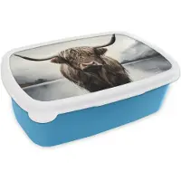 MuchoWow Broodtrommel Blauw - Lunchbox Schotse hooglander - Water - Nat - Brooddoos 18x12x6 cm - Brood lunch box - Broodtrommels voor kinderen en volwassenen