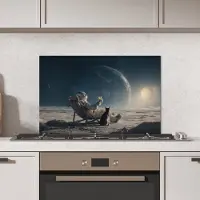 KitchenYeah Spatscherm keuken 70x50 cm - Kookplaat achterwand Maan - Kat - Astronaut - Ruimte - Muurbeschermer - Spatwand fornuis - Hoogwaardig aluminium