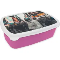 MuchoWow Broodtrommel Roze - Lunchbox Stad - Mensen - Astronaut - Wit - Brooddoos 18x12x6 cm - Brood lunch box - Broodtrommels voor kinderen en volwassenen
