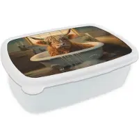 MuchoWow Broodtrommel Wit - Lunchbox Schotse hooglander - Bad - Badkamer - Brooddoos 18x12x6 cm - Brood lunch box - Broodtrommels voor kinderen en volwassenen