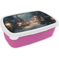MuchoWow Broodtrommel Roze - Lunchbox Winterdorp - Sneeuw - Donker - Brooddoos 18x12x6 cm - Brood lunch box - Broodtrommels voor kinderen en volwassenen