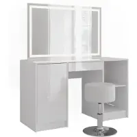 Vicco Sherry Kaptafel set met kruk – 128.2 cm met LED-spiegel en kruk Wit/wit hoogglans