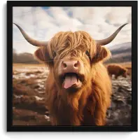 PosterMonkey Poster in lijst - Fotolijst 40x40 cm - Posters - Schotse hooglander - Tong - Hoorns - Posterlijst zwart - Decoratie - Wanddecoratie woonkamer - Muurdecoratie slaapkamer