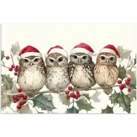 PosterMonkey Poster 90x60 cm - Uilen - Tak - Hulstblaadjes - Kerstmuts - Posters - Kamer decoratie - Wanddecoratie woonkamer - Muurdecoratie slaapkamer - Kerstversiering - Kerstdecoratie voor binnen - Kerstmis