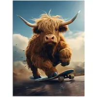 PosterMonkey Poster 60x80 cm - Schotse hooglander - Hoorns - Skateboard - Posters - Kamer decoratie - Wanddecoratie woonkamer - Muurdecoratie slaapkamer
