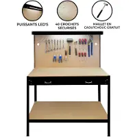 Monster Werkbank Werktafel - 120x60x155 cm - Achterwand Ophangbord + Lade + LED Verlichting + 40 Haken + Zwart