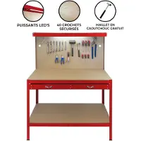 Monster Werkbank Werktafel - 120x60x155 cm - Achterwand Ophangbord + Lade + LED Verlichting + 40 Haken + Rood