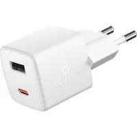 Swissten GaN 30W netvoeding, compact ontwerp, USB- en USB-C-aansluitingen, – Wit