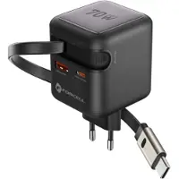 Forcell , GaN III Oplader 70W voor Smartphone & Tablet - USB-C - Met Oprolbare Kabel - Compact, Zwart