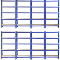 Monster Racking 8x blauwe stellingen, 5 lagen, staal, 150kg per plank, 75x150x30cm, boutloos
