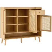 Merax Schoenenkast van Rattan - Schoenenmeubel met 3 Deuren 1 Lade en 5 Planken - Schoenenrek met Massiefhouten Poten en Metaalgrepen - 120x35x106 cm - Naturel