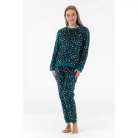 Gaubert Dames Fleece Huispak en Pyjama - Ronde Hals - Panterprint - Superzacht Fleece - Teal Green - 2503 - Maat S