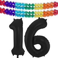 Folat folie ballonnen - Leeftijd cijfer 16 - zwart - 86 cm - en 2x feestslingers gekleurd 600 cm - versiering - feestartikelen