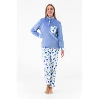 Gaubert Dames Fleece Huispak en Pyjama - Hoge Kraag met Knopen - Love Hearts - Superzacht Fleece - Blauw - 2505 - Maat XL