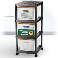 Novaliv rolwagen 4 niveaus met 3x rotan mand & houten deksel, badkamerplank badkamer keuken, opbergwagen zijwagen universele wagen schoonmaakwagen opbergwagen, opbergorganizer