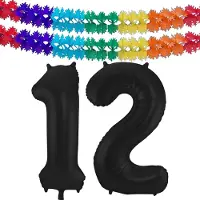 Folat folie ballonnen - Leeftijd cijfer 12 - zwart - 86 cm - en 2x feestslingers gekleurd 600 cm - versiering - feestartikelen