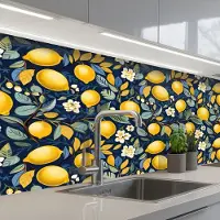 KitchenYeah Keuken achterwand 250x80 cm - Spatscherm zelfklevend Citroenen - Bloemen - Bladeren - Blauw - Muurbeschermer - Spatwand fornuis