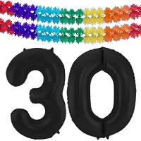 Folat folie ballonnen - Leeftijd cijfer 30 - zwart - 86 cm - en 2x feestslingers gekleurd 600 cm - versiering - feestartikelen