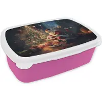MuchoWow Broodtrommel Roze - Lunchbox Kerstman - Haard - Donker - Brooddoos 18x12x6 cm - Brood lunch box - Broodtrommels voor kinderen en volwassenen