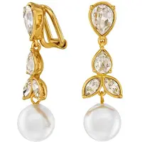 Traveller Clip Oorbellen - Oorclips Dames - Hangers - 22kt Verguld - Parels - 10 mm - Wit - Kristallen - 35 x 10 mm - 114363