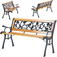 Kadax Tuinbank van hout en gietijzer, 2-zits houten bank met armleuningen en rugleuning, zitbank, parkeerbank, buitenbank voor balkon, tuin, terras (bruin/rozenpatroon)