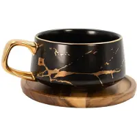 Intirilife Kop keramiek met marmerdesign in Zwart - ongeveer 200 ml - Koffiemok, theemok met houten onderzetter Mok